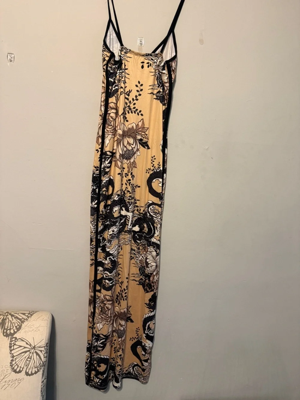 Fashion Nova Beige and Black Floral Dragon Maxi Dress - Picture 2 of 3